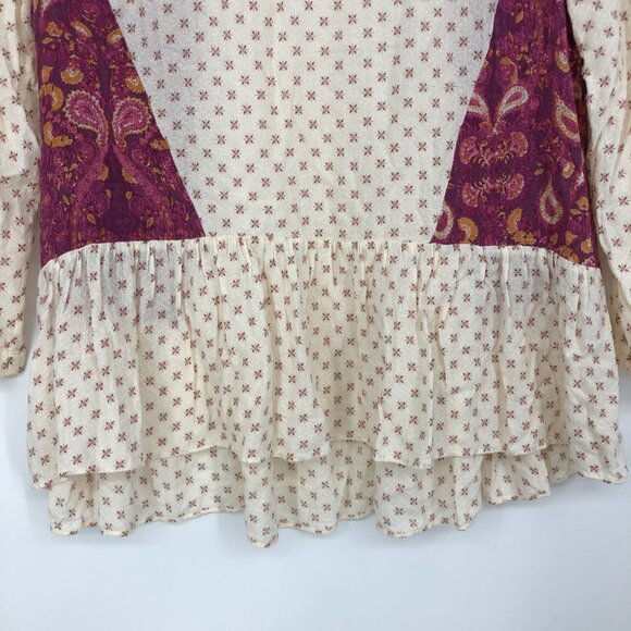 Free People Cream & Burgundy Gauzy Floral Boho Peplum Top size XS - Picture 6 of 14